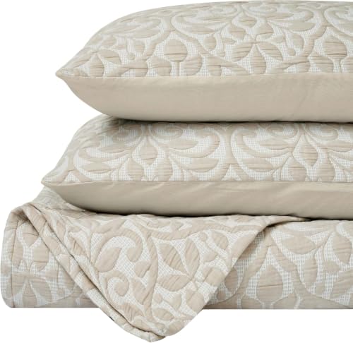 Queen Cotton Blend Coverlet - Decorative Bed Spread, Vineyard Collection, Beige