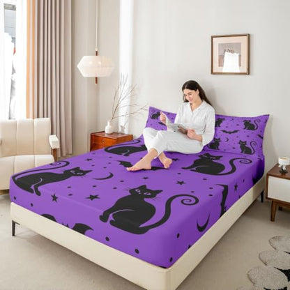 Halloween Black Cat Moon Fitted Sheet Queen Size with 2 Pillowcases - Spooky Bedding Set