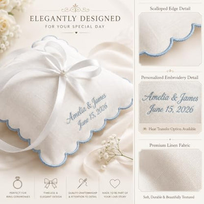 Personalized Wedding Ring Pillow with Embroidery & Scalloped Edge