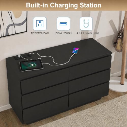 Black 6-Drawer Dresser with LED Light & Charging Station - Variation: Black