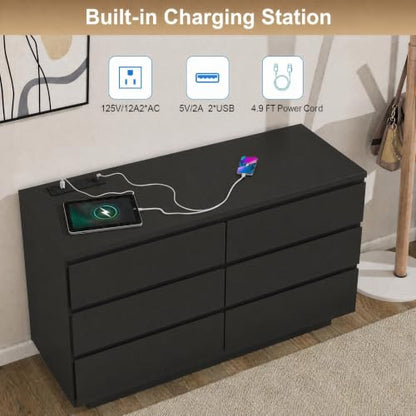 Black 6-Drawer Dresser with LED Light & Charging Station - Variation: Black