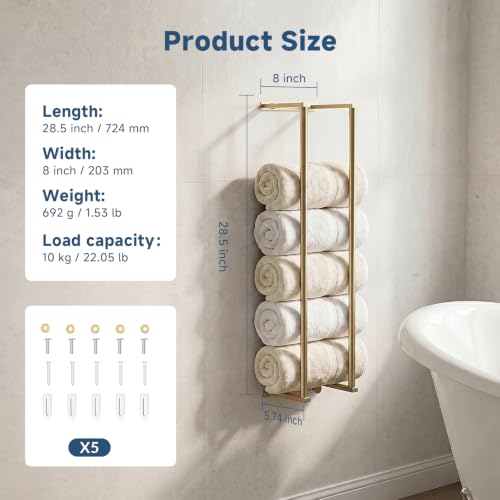 28-Inch Wall-Mounted Towel Rack with Hooks - Brushed Gold Finish