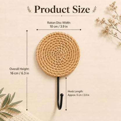 Large Woven Rattan Wall Hooks Set - Boho Coat & Hat Hangers, 2 Pack