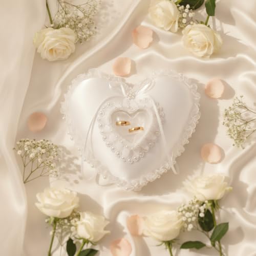 Heart Shaped Wedding Ring Bearer Pillow with Pearl Lace Decoration