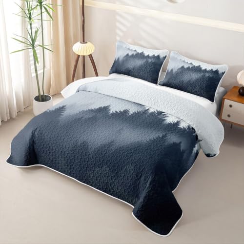Queen Quilt Set with Pillowcases - Misty Pine Forest Nature Themed Bedding - Dark Blue Gray