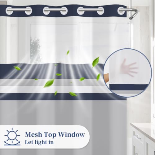 Navy Striped No Hook Geometric Shower Curtain 71x74 Inch with Liner