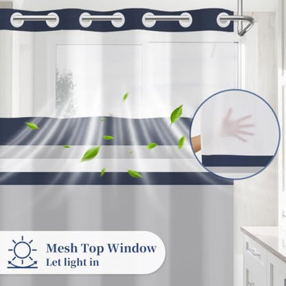 Navy Striped No Hook Geometric Shower Curtain 71x74 Inch with Liner