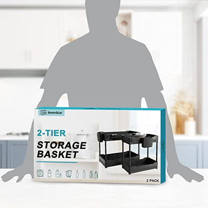 Sevenblue 2 Pack Under Sink Organizer, Under Bathroom Cabinet Organizer with Hooks Hanging Cup, Multi-Purpose Storage Shelf for Kitchen Bathroom, Black