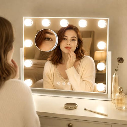 16-Inch Hollywood Vanity Mirror with Lights, 3 Color Modes, Dimmable Bulbs - White / 17"L x 13"W