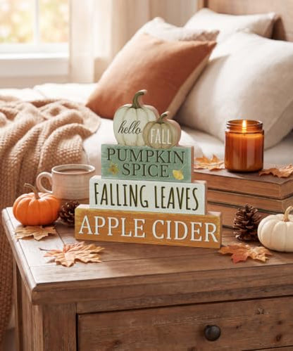 Putuo Decor Fall Decor for Home - Hello Fall Table Sign with Pumpkins Leaves Pumpkin Spice Variation