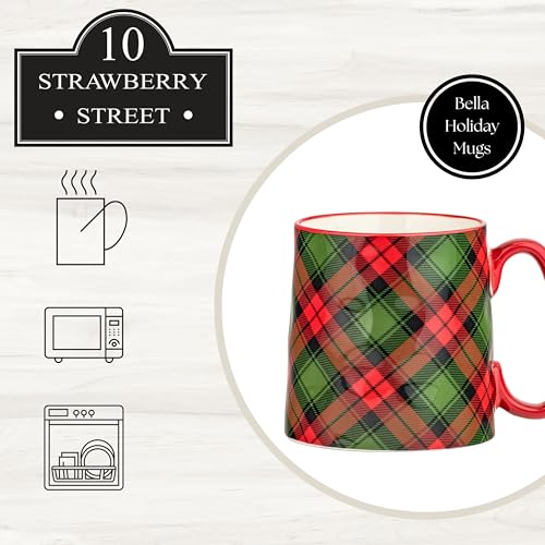 Holiday Plaid Ceramic Mug Set of 4 - 18oz Christmas Coffee Cups with Handle