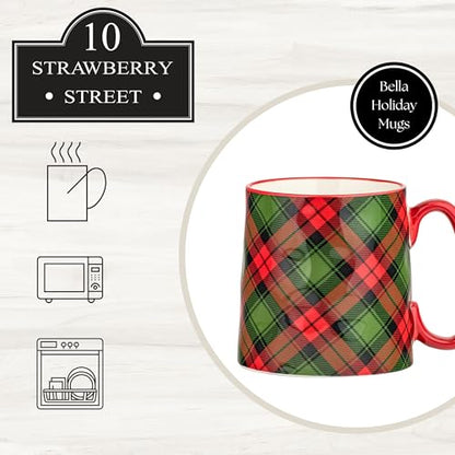 Holiday Plaid Ceramic Mug Set of 4 - 18oz Christmas Coffee Cups with Handle