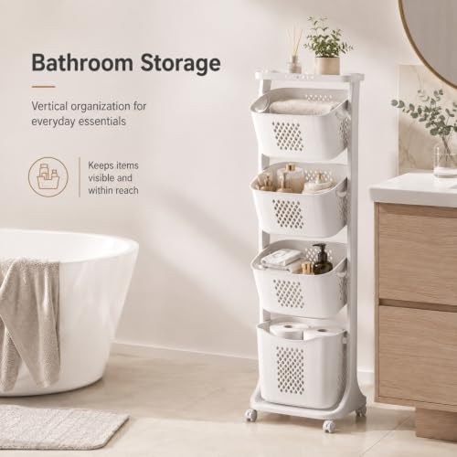4 Tier Laundry Basket Organizer - Vertical Laundry Hamper with Wheels - C
