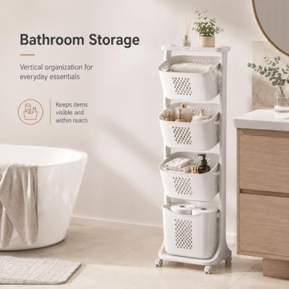 4 Tier Laundry Basket Organizer - Vertical Laundry Hamper with Wheels - C