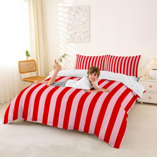 Manfei Red Pink Stripes Kids Duvet Cover Set Queen Size - Abstract Geometric Bedding