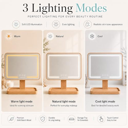 Solid Wood Vanity Mirror with Lights and Storage Tray - Rechargeable