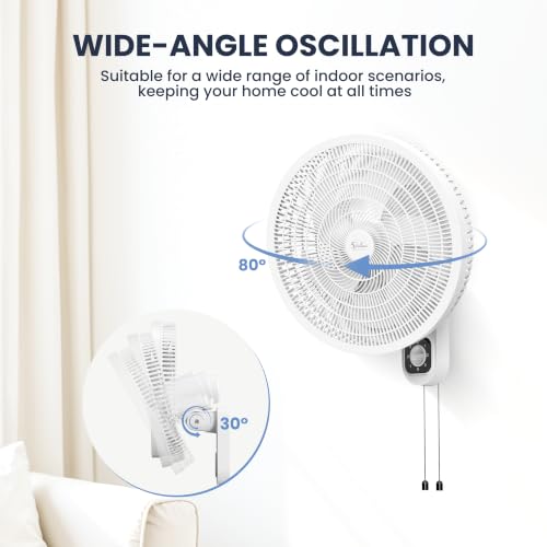 White Wall Mount Oscillating Fan 16-inch, 3-Speed Indoor Cooler with Tilt
