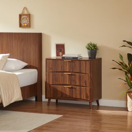 Oversized 31.5W Fluted Nightstand with 3 Drawers in Walnut