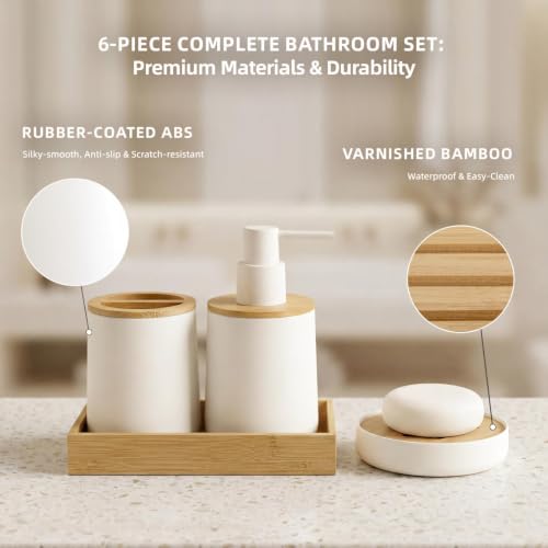 White 4-Piece Bathroom Accessories Set - Bamboo & Matte White Finish