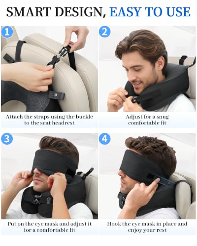 Travel Pillow for Long Flights Deep Black with Eye Mask & Head Strap Support