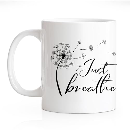 Just Breathe Novelty 11oz Coffee Mug - Funny Dandelion Floral Gift for Yoga & Meditation Lovers