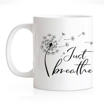 Just Breathe Novelty 11oz Coffee Mug - Funny Dandelion Floral Gift for Yoga & Meditation Lovers