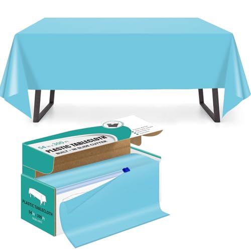 Light Blue 54 Inch x 300 Feet Plastic Tablecloth Roll with Cutter Box - Disposable Party Cover