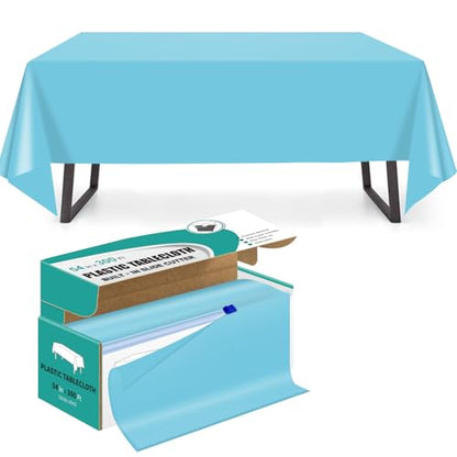 Light Blue 54 Inch x 300 Feet Plastic Tablecloth Roll with Cutter Box - Disposable Party Cover