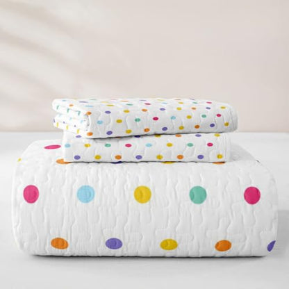 Colorful Full Size Polka Dot Quilt Bedspread Set - 3 Pieces, Rainbow Geometric Bedding
