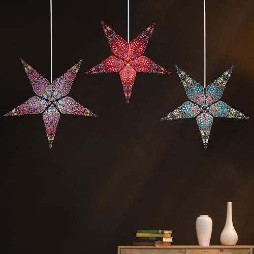 24 Inch Paper Star Lanterns Pack of 3 Christmas Holiday Decor - Blue, Turquoise & Red