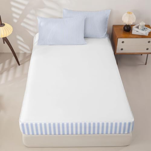 Queen Blue White Stripe Comforter Set with Zippered Bed-In-A-Bag