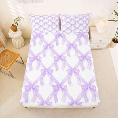 Kids Full Size Bed Sheet Set with Bowknot & Heart Pattern - Purple White, Deep Pocket, 3 Pieces - Manfei