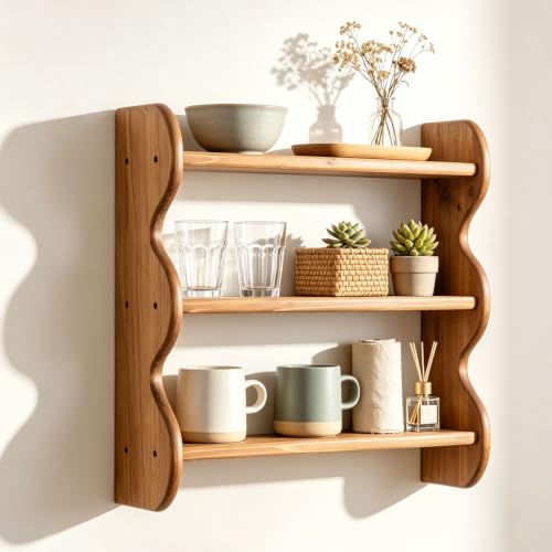 3 Tier Solid Wood Wall Shelf - Rustic Floating Storage Organizer, Brown