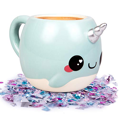 Blue Narwhal Glitter Galaxy Coffee Mug - 18oz Large Unicorn Horn Cup