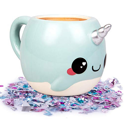 Blue Narwhal Glitter Galaxy Coffee Mug - 18oz Large Unicorn Horn Cup