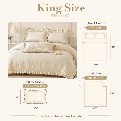 King Size Ruffle Cotton Duvet Cover Set with Pillow Shams & Fitted Sheet - Farmhouse Ivory White Bedding