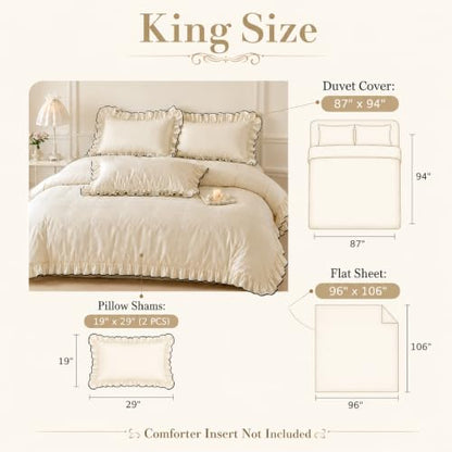 King Size Ruffle Cotton Duvet Cover Set with Pillow Shams & Fitted Sheet - Farmhouse Ivory White Bedding