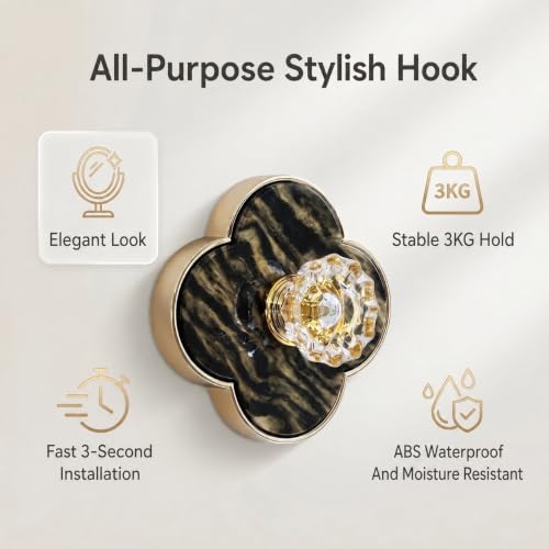 Decorative Clover Shower Hooks 4 Pack - Gold Marble No Drill Bathroom Towel Hangers, Removable Wall Mounts, Style 1