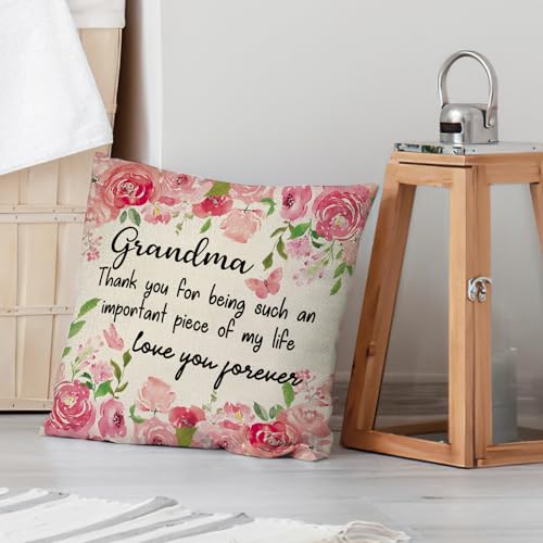 Grandma Gift Pillow Cover 18x18 Floral Butterfly Love Throw Pillowcase - Pink