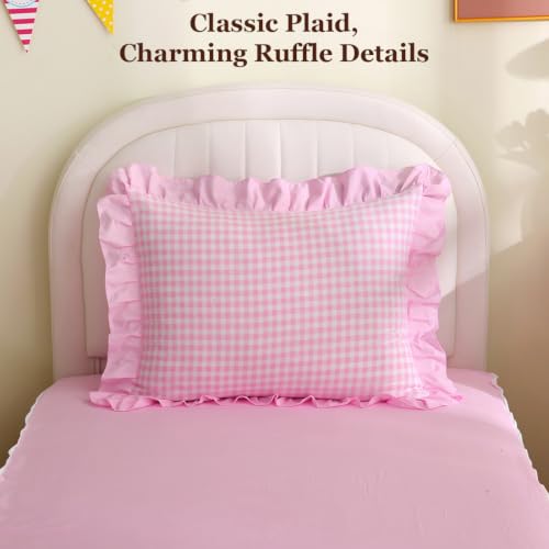 Kids Zipper Bedding Set Twin Gingham Comforter Pink Ruffle for Girls