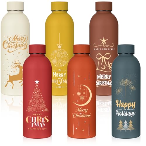 Christmas Water Bottle Set - 6 Stainless Steel 17oz Holiday Drink Bottles - Colorful Festive Design