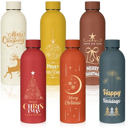 Christmas Water Bottle Set - 6 Stainless Steel 17oz Holiday Drink Bottles - Colorful Festive Design