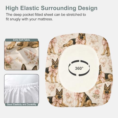Twin German Shepherd Floral Fitted Sheet Set - Pink Bow Shepherd Variation