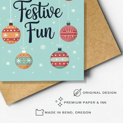 Festive Christmas Card with Colorful Ornaments and Snowflakes - Holiday Greeting Card for Family & Friends