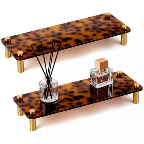 Tortoise Shell Bathroom Vanity Tray Set - Rectangle, Gold Stand, 2 Pack