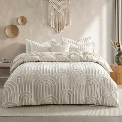 Beige Queen Cotton Linen Texture Boho Duvet Cover Set with Embroidery