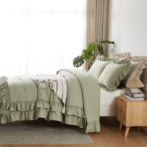 Sage Green Double Ruffle Comforter Set Queen Size Farmhouse Bedding - Soft Pre-Washed Fabric