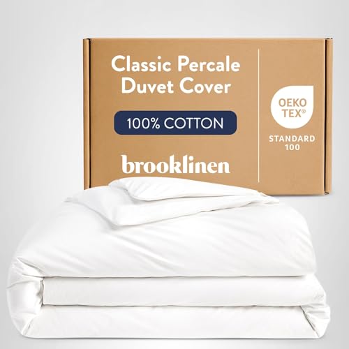 Brooklinen Luxury Percale Duvet Cover – 100% Cotton, Cool, Crisp, Extra-Long Corner Ties, Button Closure, Soft & Breathable – Machine Washable, Duvet Cover Full/Queen Bed Sizes (White)
