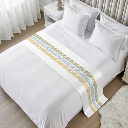 King Size Bed Runner with Botanical Leaves - Green Blue Yellow Decorative Scarf, 94 x 20 Inches, White/Sage/Ochre/Blue Variation