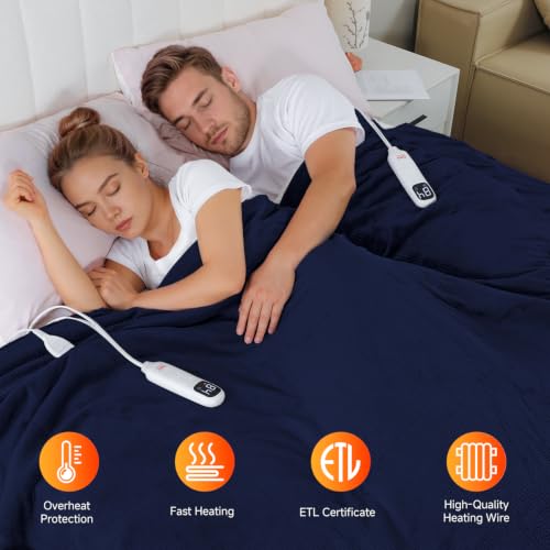 Queen Size Waffle Fleece Heated Blanket with Dual Control Navy - Fast Heating
